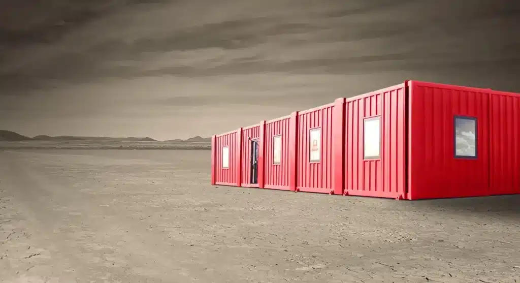 Row of red VersaBilt modular buildings on a gravel site
