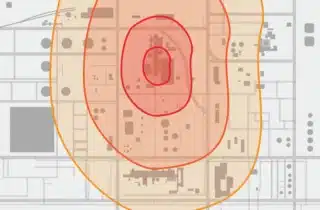 Blast radius illustration over a facility site plan