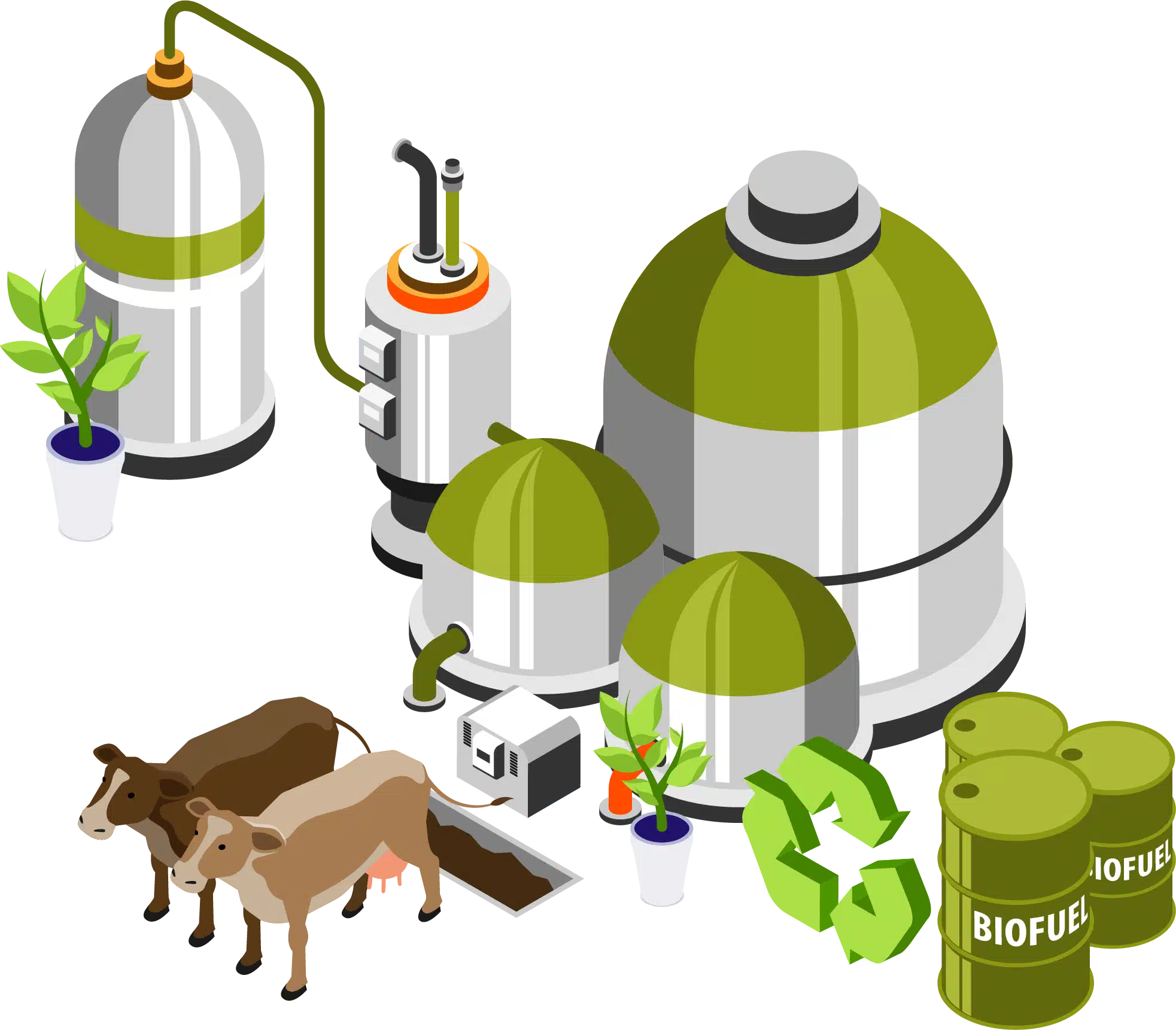 Illustration of a biofuel facility with livestock