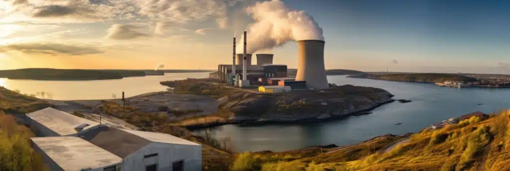 Nuclear power plant cooling towers at sunset